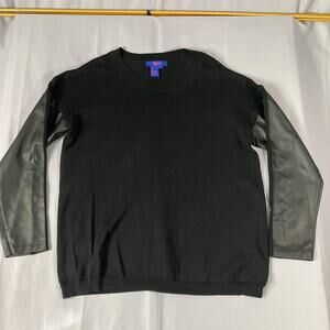 Twiggy London Sweater Womens Large Black Crewneck Faux Leather Sleeve Pullover